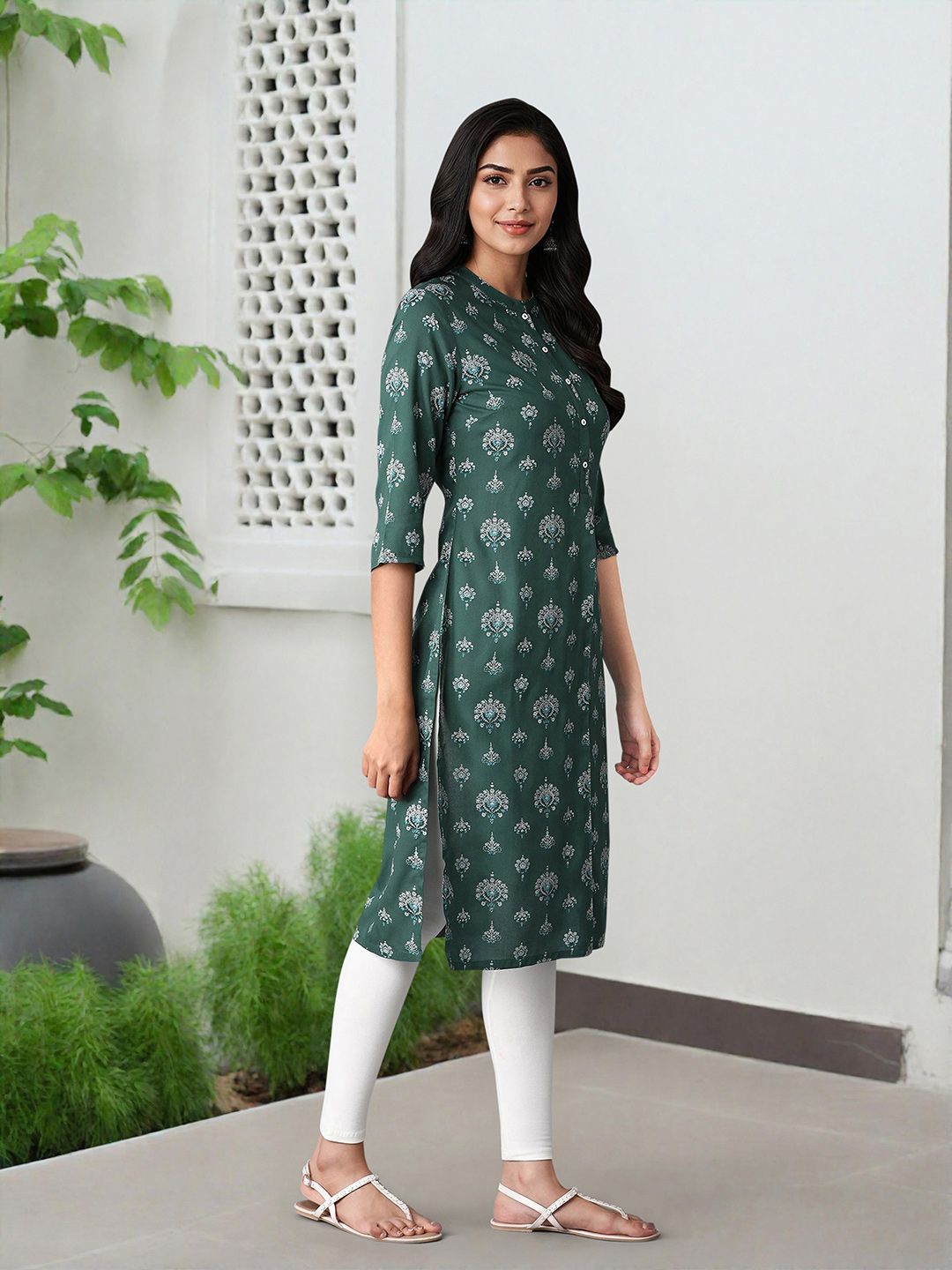 W Women Green & Off-White Printed A-Line Kurta