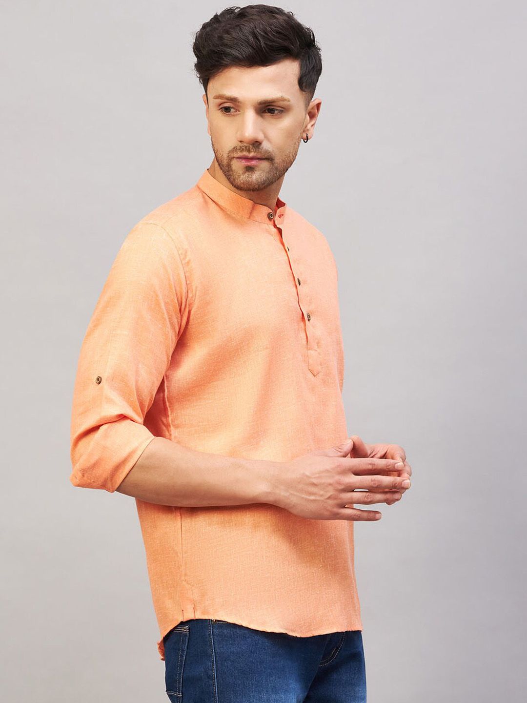 VASTRAMAY Band Collar Roll-Up Sleeves Cotton Straight Kurta