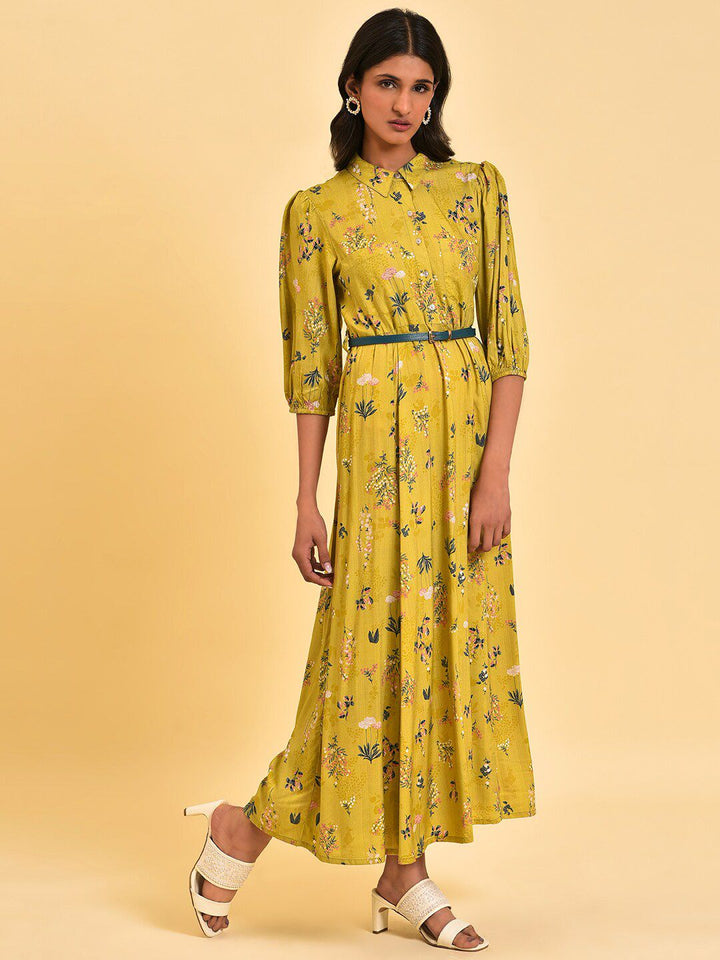 W Green Floral Printed Shirt Collar Neck Belted A-Line Midi Dress