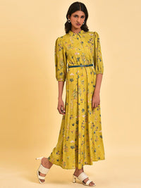 W Green Floral Printed Shirt Collar Neck Belted A-Line Midi Dress