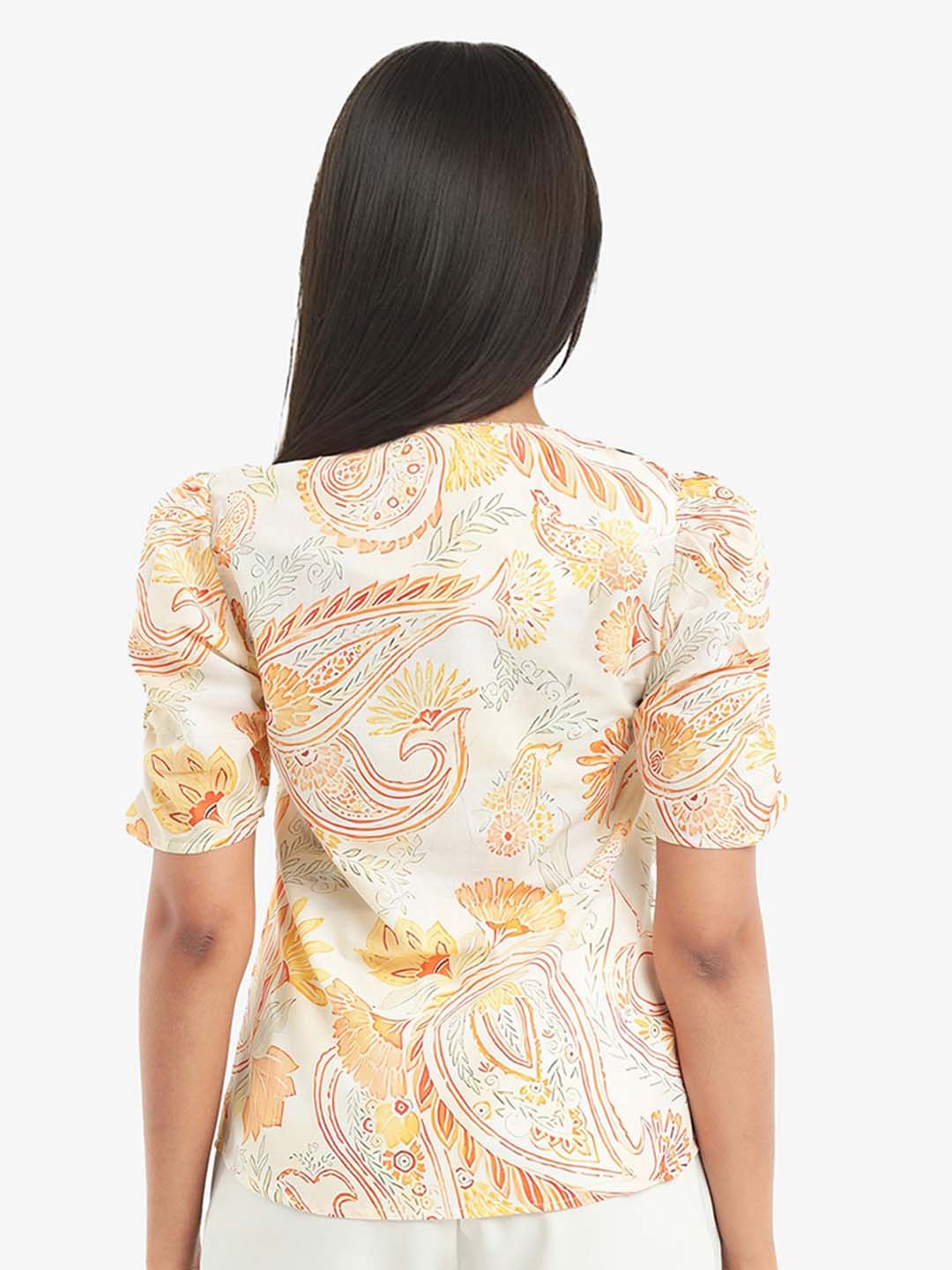RAREISM Floral Printed Vigeveno Light V-Neck Puff Sleeves Cotton Top