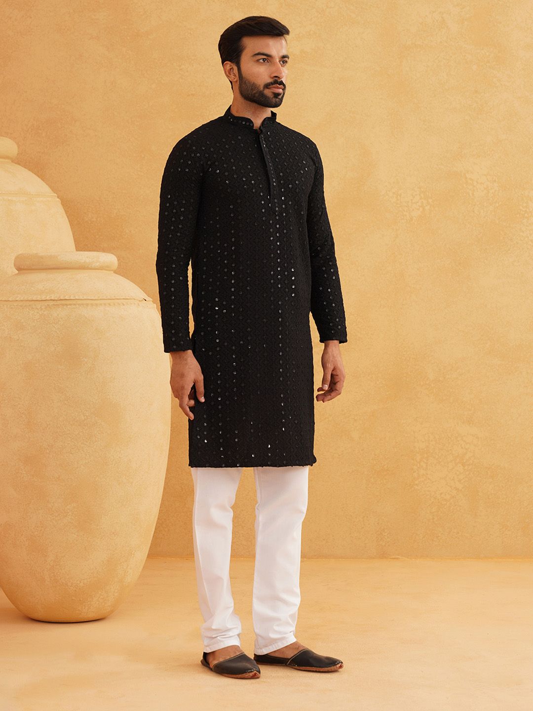 SOJANYA Ethnic Motifs Embroidered Sequined Pure Cotton Kurta with Pyjamas