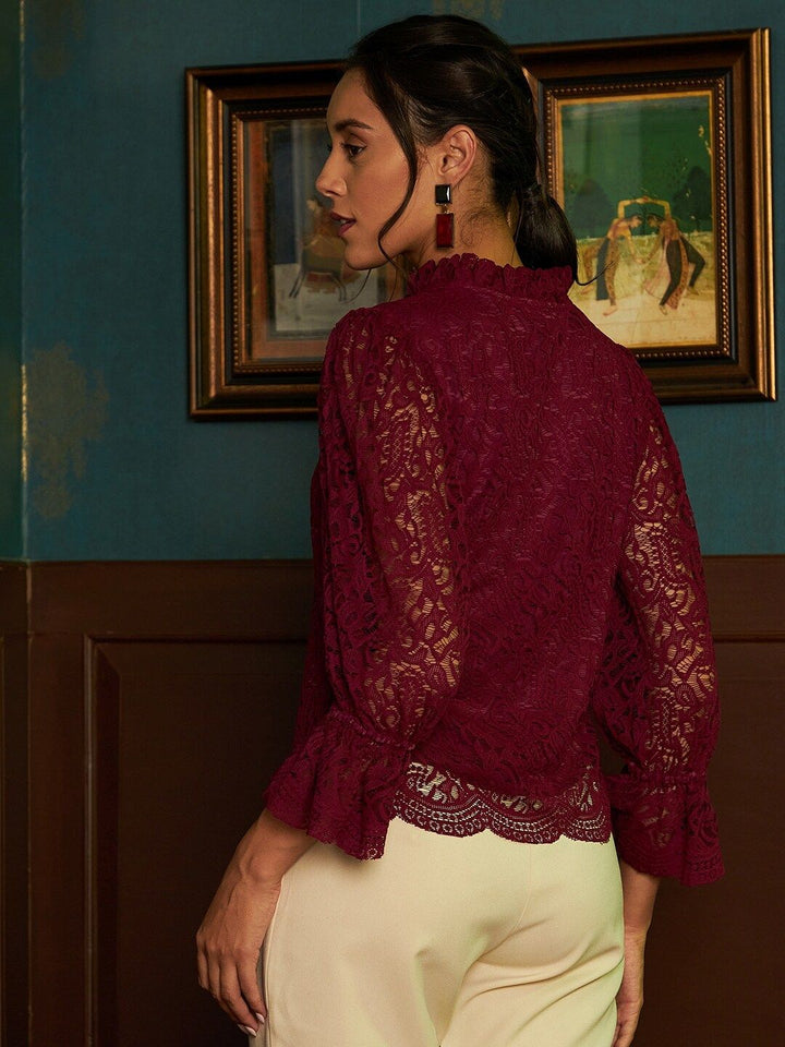 Athena Burgundy Tie-Up Neck Lace Top