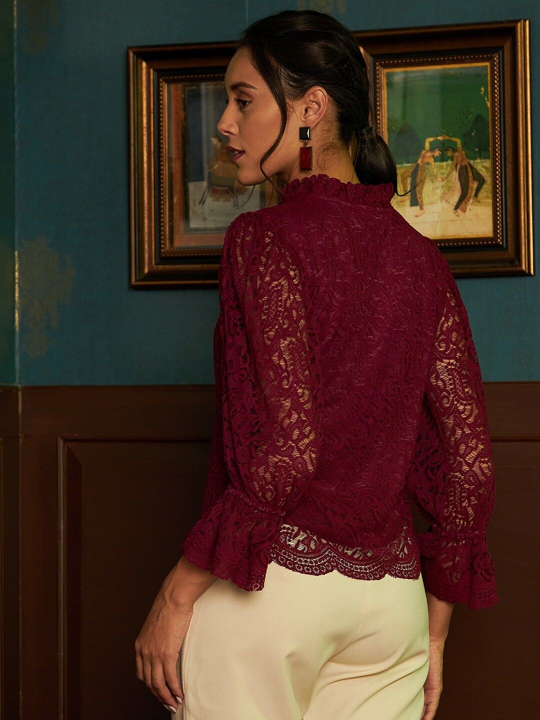 Athena Burgundy Tie-Up Neck Lace Top