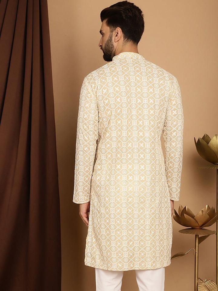 SOJANYA Men Beige Thread Work Kurta