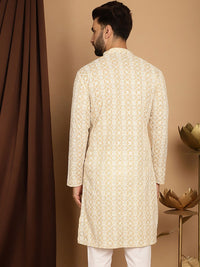 SOJANYA Men Beige Thread Work Kurta