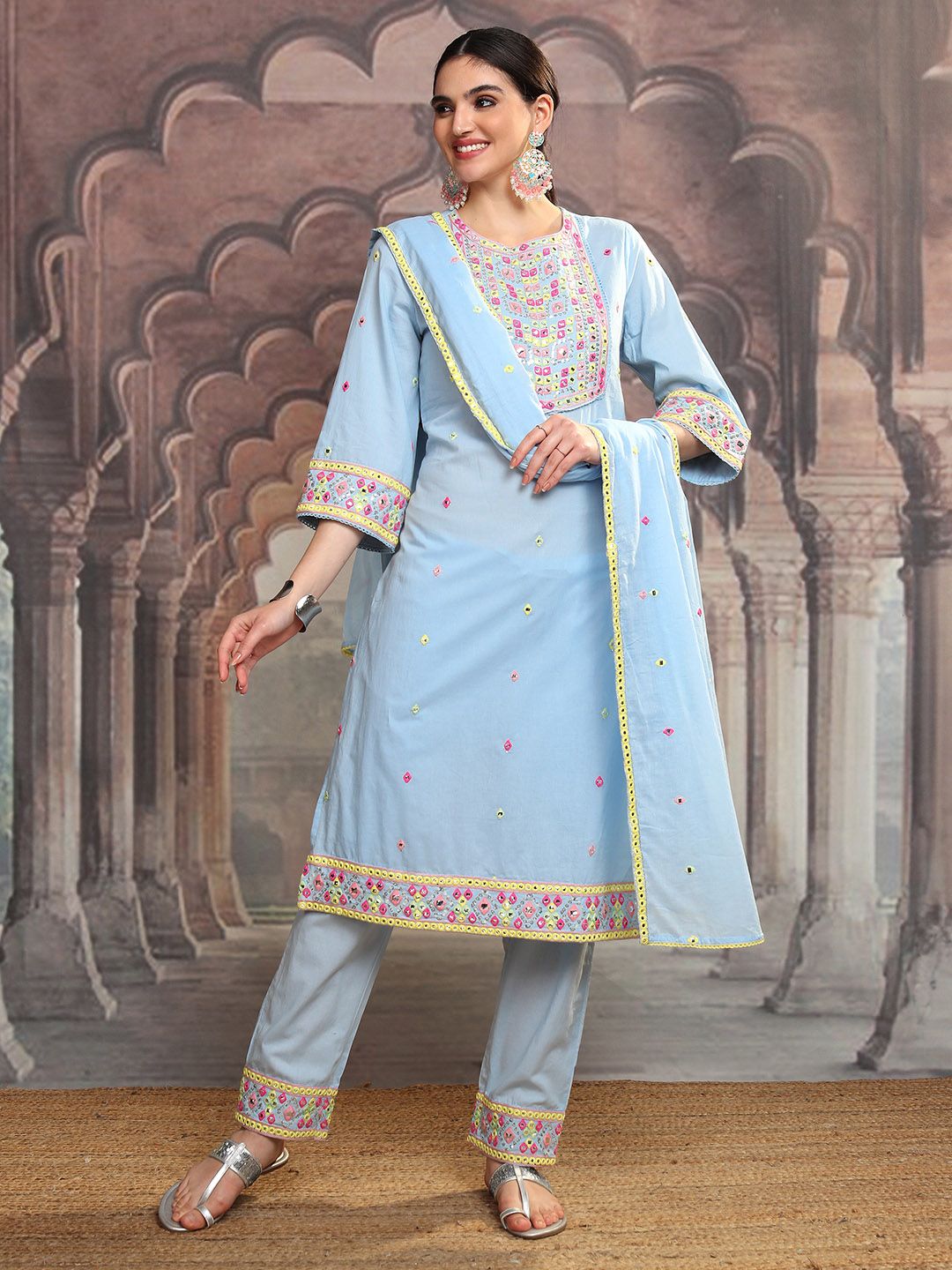 Vishudh Blue Embroidered Mirror Work Pure Cotton Straight Kurta With Trousers & Dupatta