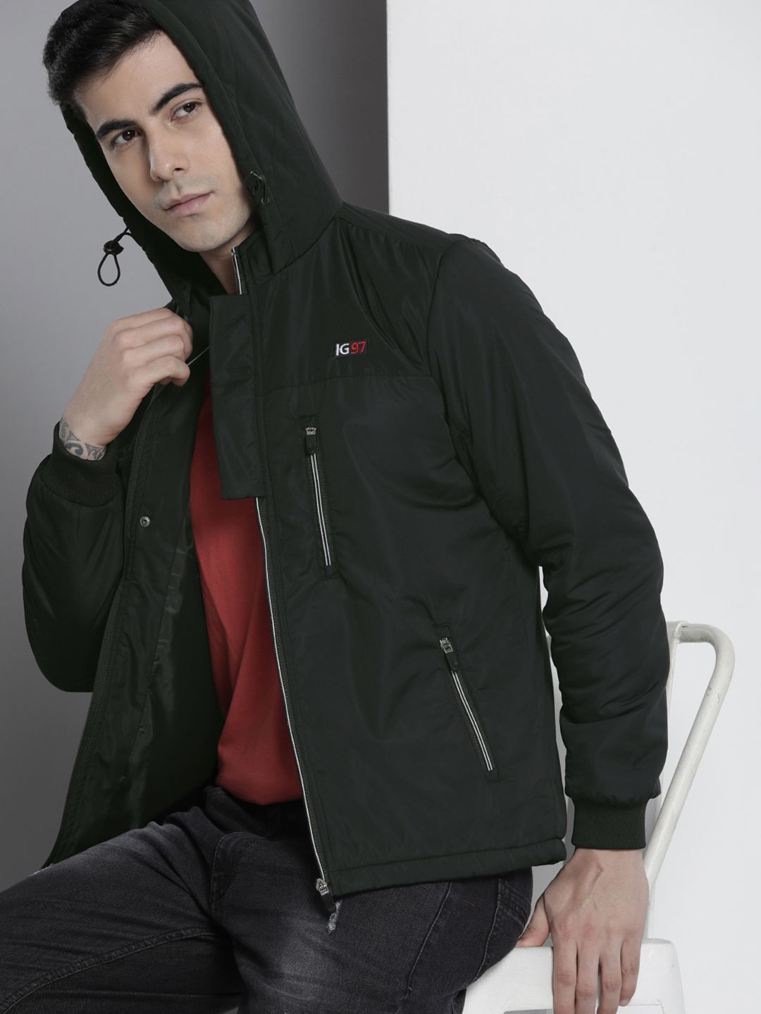 The Indian Garage Co Men Black Hooded Sporty Jacket