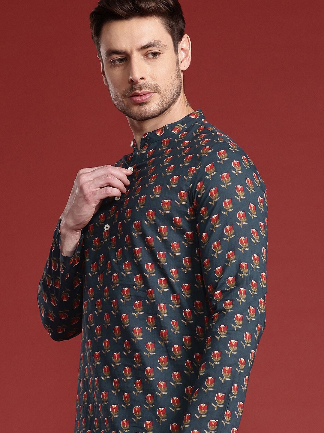 Anouk Band Collar Floral Printed Pure Cotton Kurta