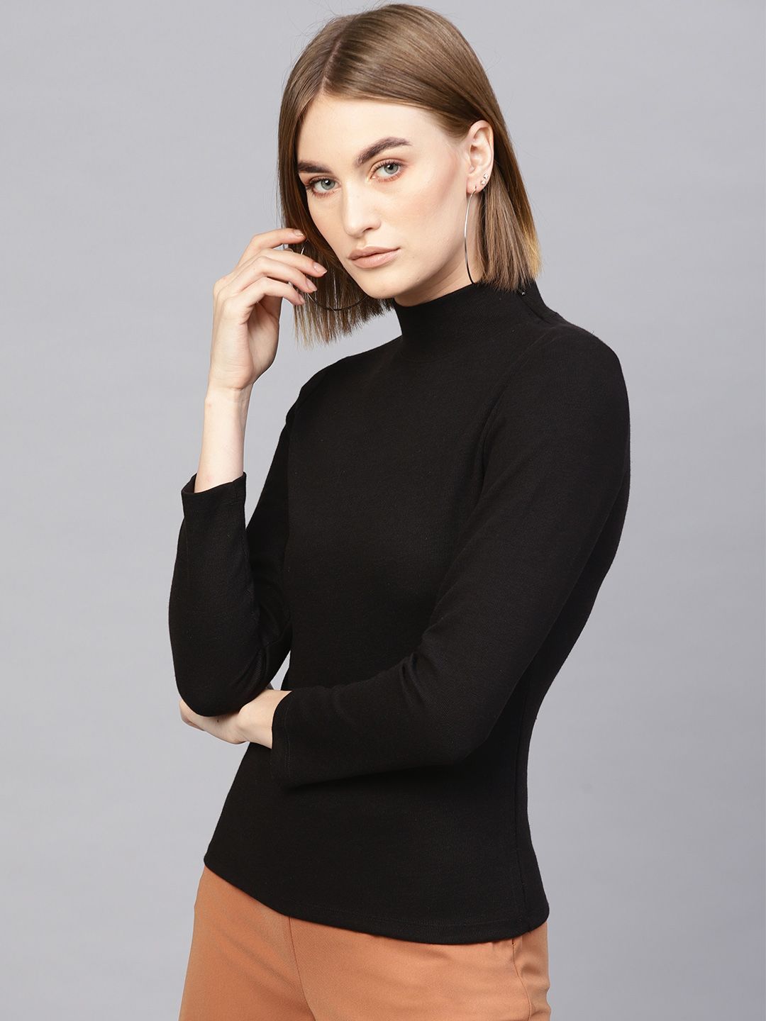 SASSAFRAS Black High Neck Ribbed Top
