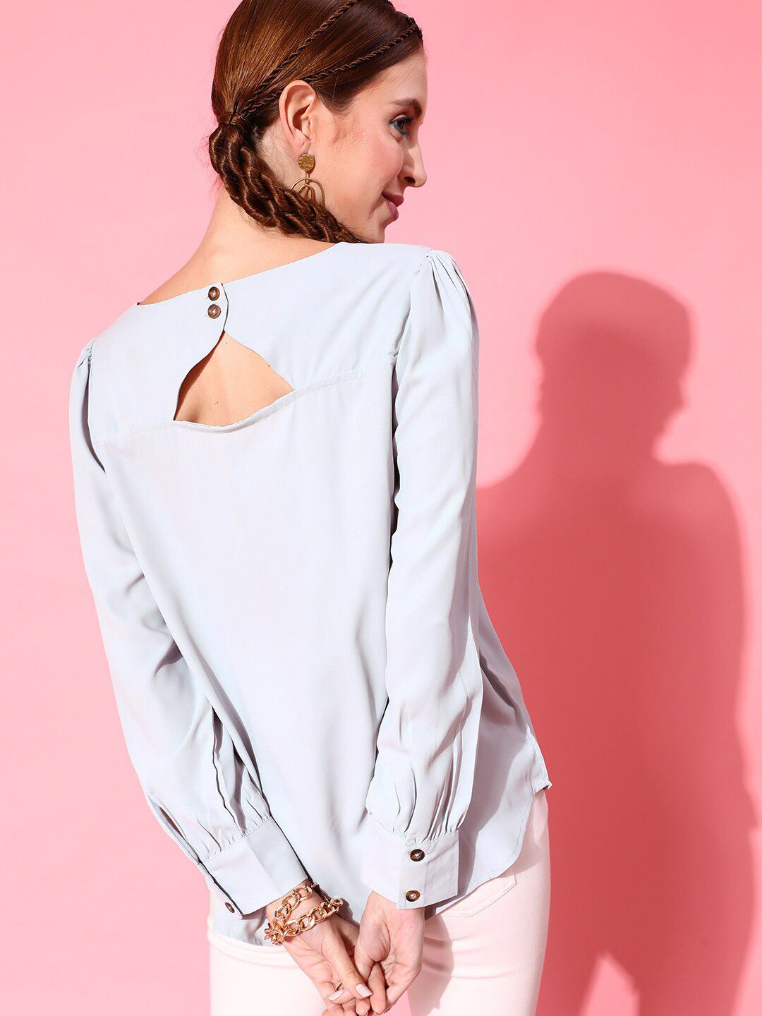STREET 9 Grey Crepe Styled Back Top with Cuffed Sleeves