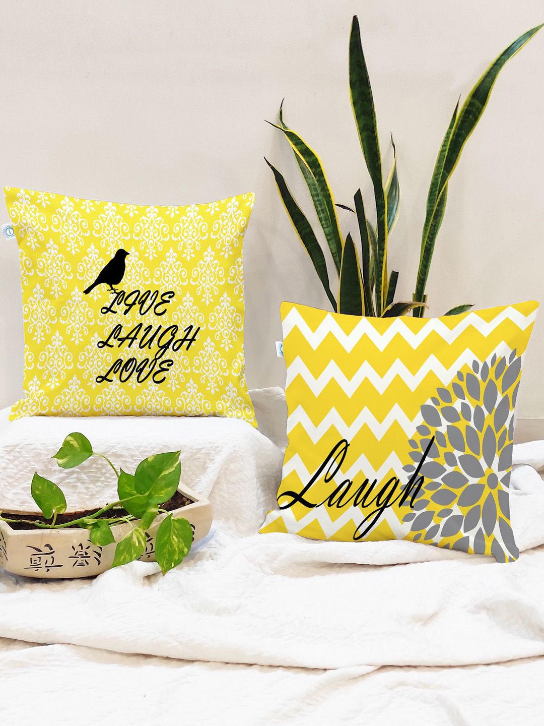 STITCHNEST Yellow & Grey Set of 2 Ethnic Motifs Square Cushion Covers