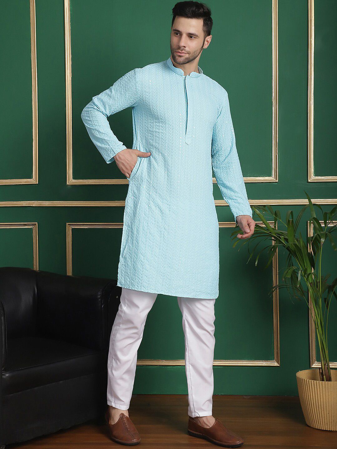 Anouk Blue Ethnic Embroidered Straight Kurta with Pyjamas