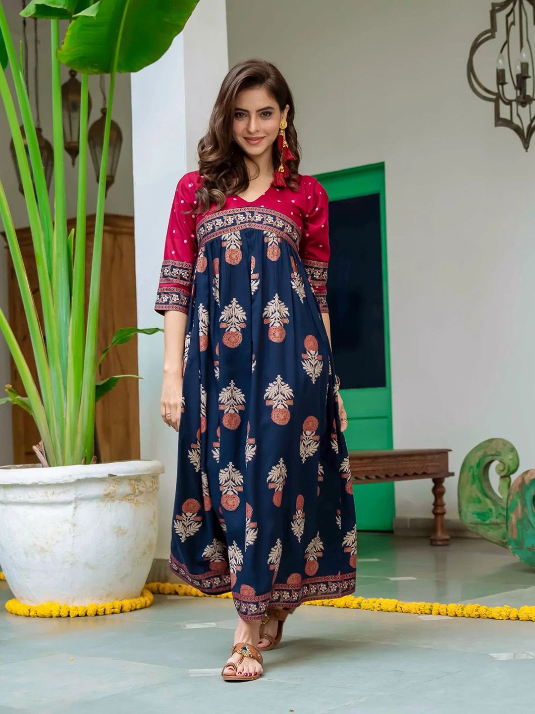 Rustorange Red & Navy Blue Ethnic Motifs Printed Maxi Dress