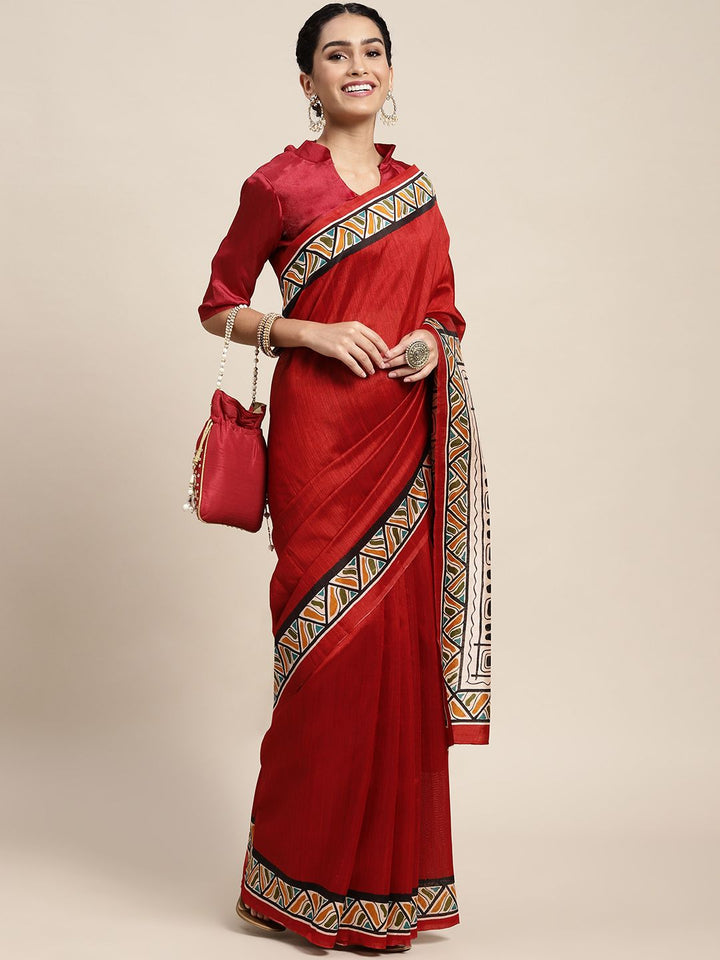 Saree mall Maroon & White Ethnic Motifs Print Art Silk Taant Saree