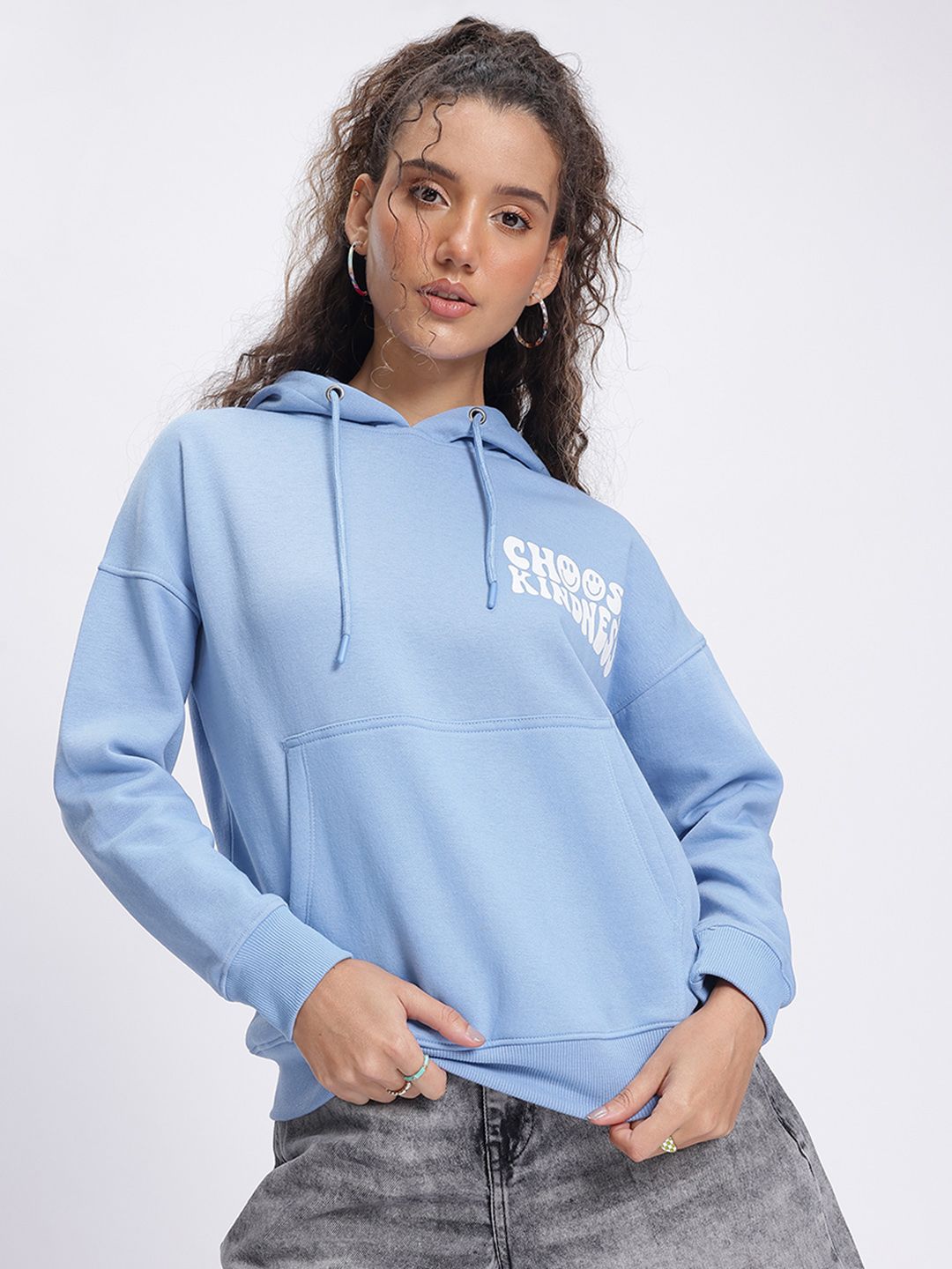 DressBerry Minimalist Message Typo Print Drop-Shoulder Hooded Sweatshirt