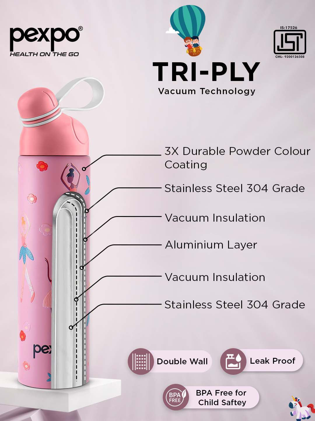 Pexpo Pink and Purple Printed Stainless Steel Double Wall Vacuum Water Bottle 470ml