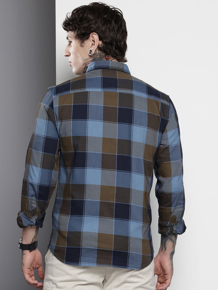 The Indian Garage Co Men Navy Blue Slim Fit Checked Casual Shirt