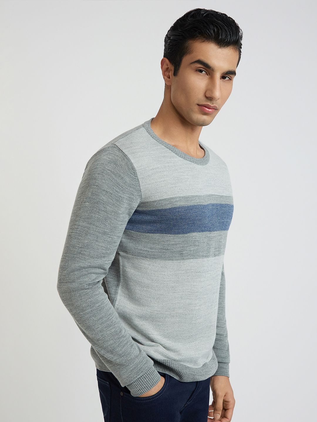 Raymond Men Grey Melange & Blue Striped Woolen Pullover