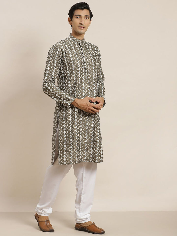 SOJANYA Men Olive Green & White Ethnic Motifs Embroidered Kurta with Churidar & Jacket