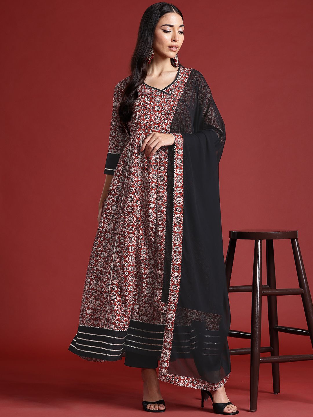 Anouk Women Ethnic Motifs Printed Angrakha Pure Cotton Kurta with Trousers & Dupatta