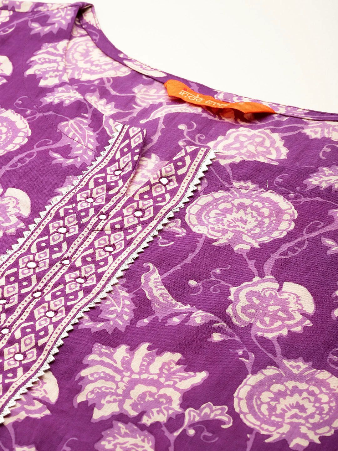 Indo Era Floral Printed Mirror Work Pure Cotton Kurta With Trousers & Dupatta