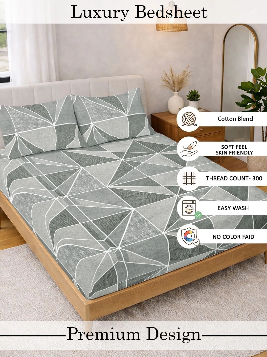 Moda Rapido X KLOTTHE Grey & White Geometric 300 TC King Bedsheet with 2 Pillow Covers