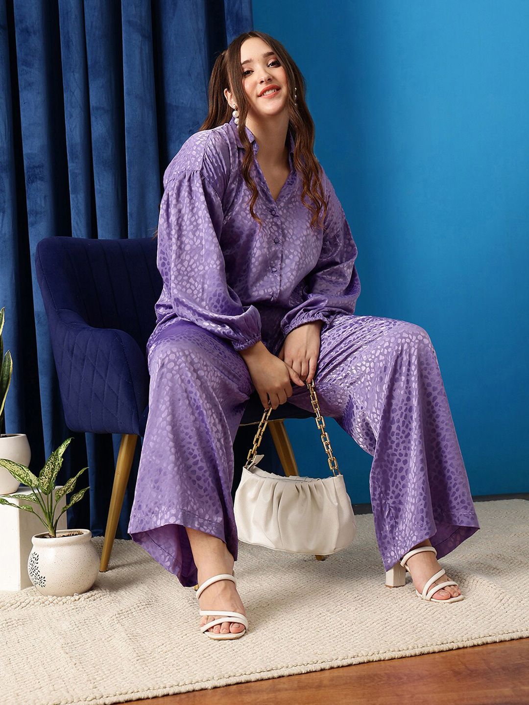 CURVY STREET Plus Size Lavender Comfort Abstract Printed Satin Oversized Casual Shirt