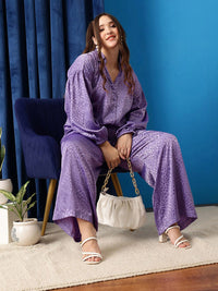 CURVY STREET Plus Size Lavender Comfort Abstract Printed Satin Oversized Casual Shirt