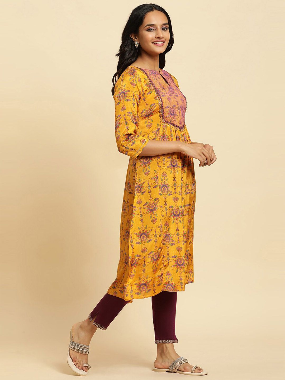W Yellow Ethnic Motifs Printed Keyhole Neck Pleated Kurta