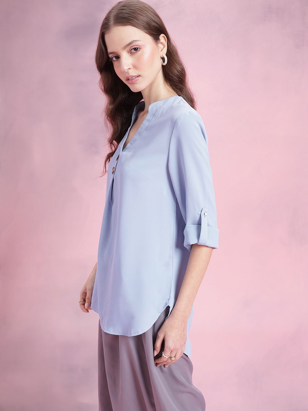 DressBerry Mandarin Collar Roll-Up Sleeves Longline Top