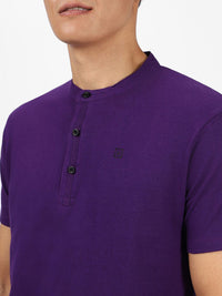 Urbano Fashion Men Purple Solid Slim Fit Mandarin Collar Pure Cotton T-shirt