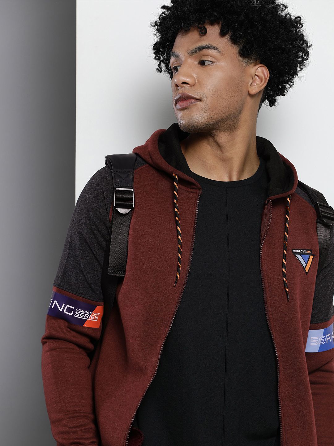 The Indian Garage Co Men Maroon & Black Colourblocked Hooded Sweatshirt
