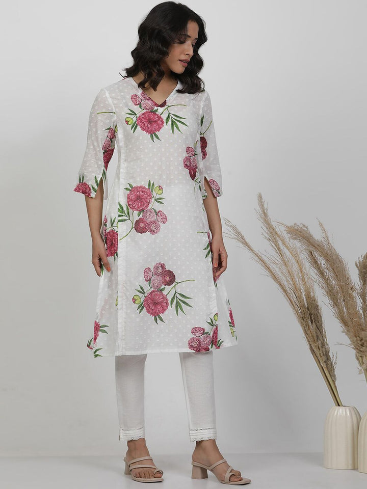 W White Floral Printed Pure Cotton Straight Kurta