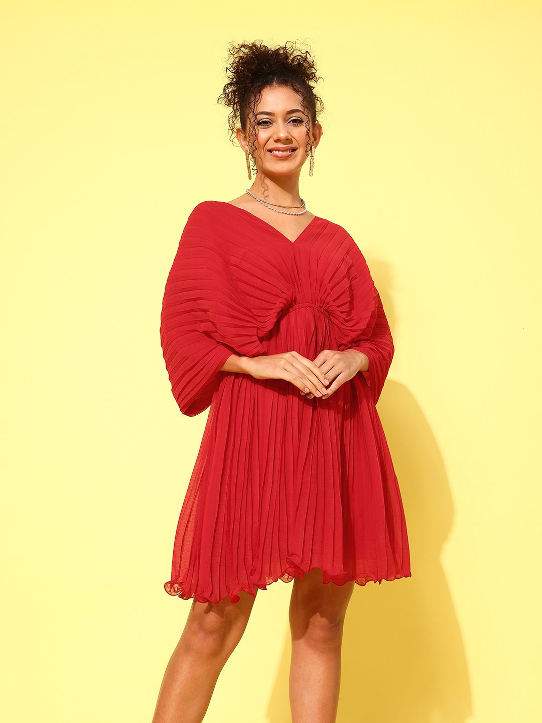 Antheaa Red Flared Sleeves Accordion Pleated Chiffon A-Line Dress