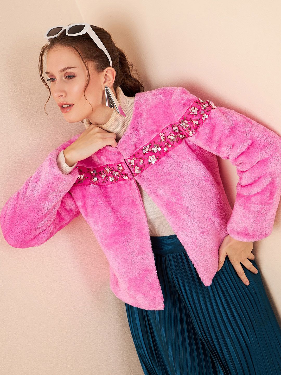 Antheaa Pink Self Design Collarless Long Sleeves Studded Tailored Jacket