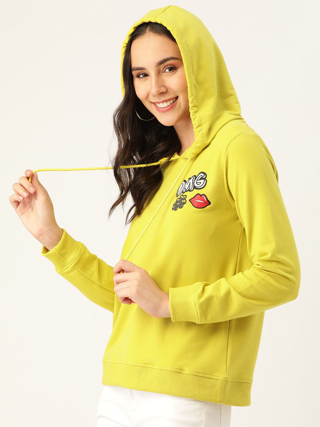 DressBerry Women Lime Green Solid Hooded Sweatshirt