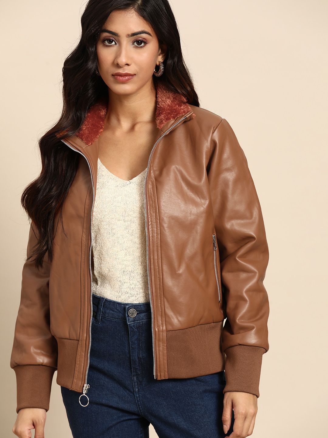 all about you Women Brown Faux Leather Bomber Jacket
