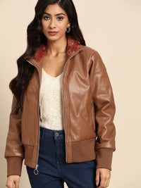 all about you Women Brown Faux Leather Bomber Jacket
