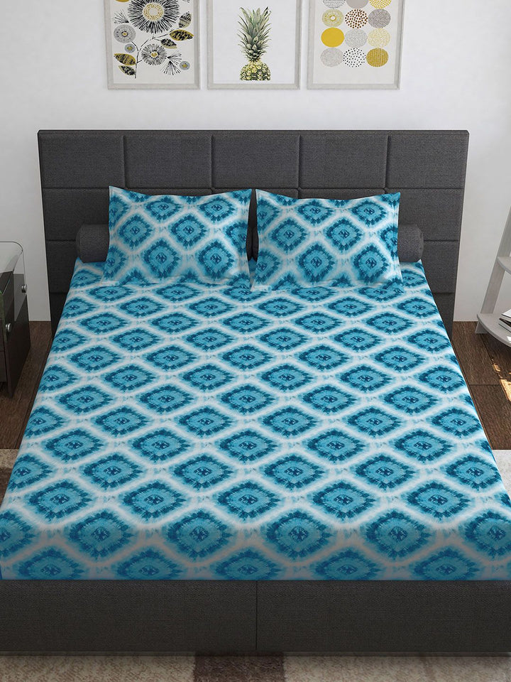 Story@home Blue Pink Ethnic Motifs Pure Cotton 152TC Queen Bedsheet With 2 Pillow Covers