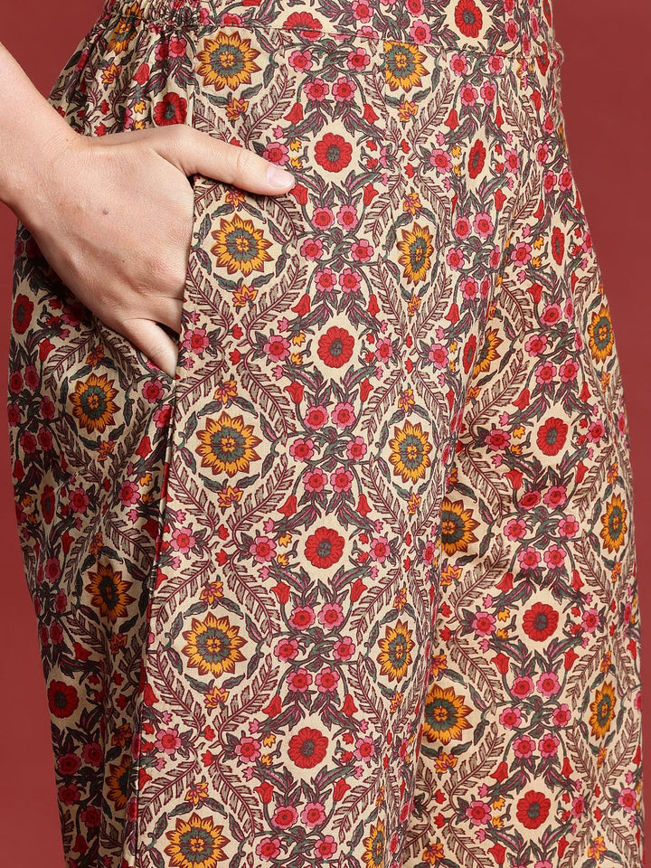Anouk Floral Print Pure Cotton High-Low Kurta with Trousers