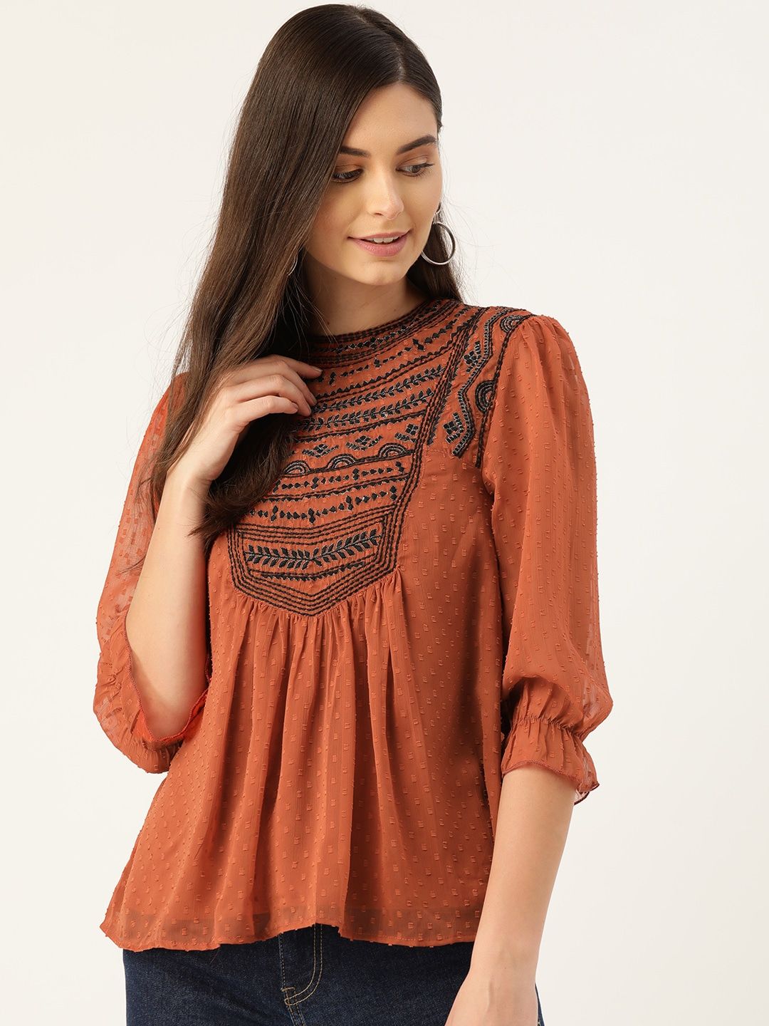 Antheaa Women Rust Brown & Black Embroidered Dobby Weave A-Line Top