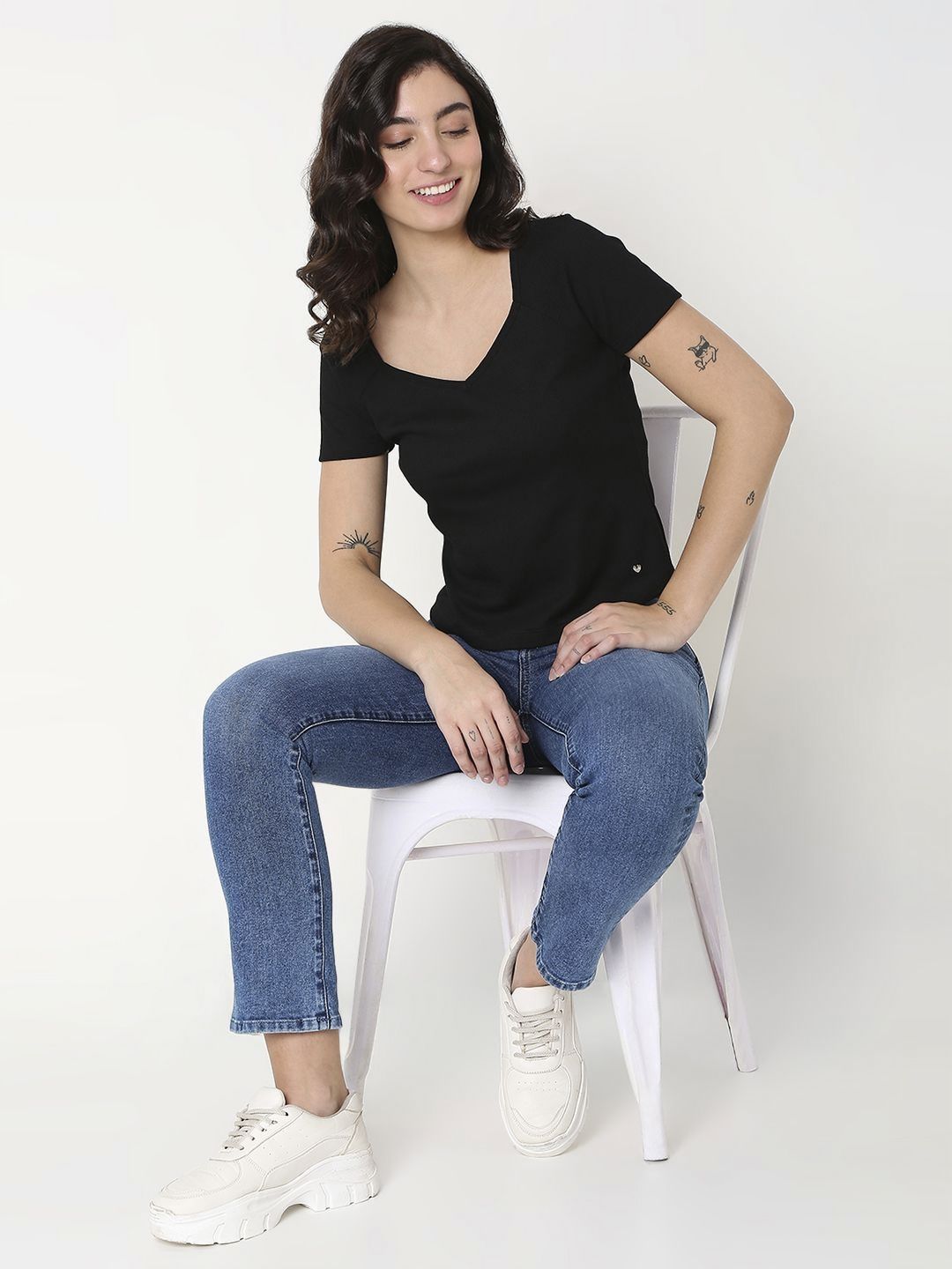 SPYKAR Women Solid V-Neck Cotton Slim Fit T-Shirt