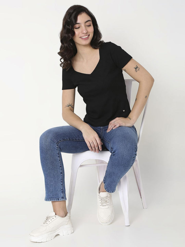 SPYKAR Women Solid V-Neck Cotton Slim Fit T-Shirt