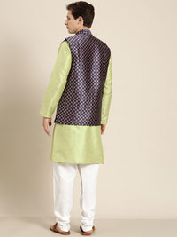 SOJANYA Men Green & Beige Striped Thread Work Straight Kurta Churidar Nehru Jacket
