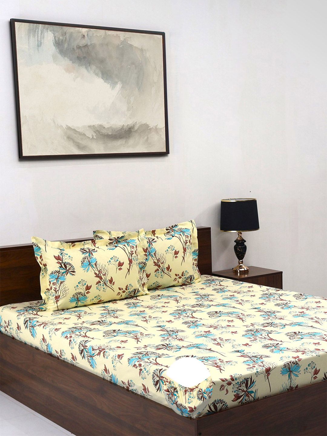 BOMBAY DYEING Brown & White Floral Pure Cotton 140 TC Queen Bedsheet Set 1.52 x 1.98 Mts