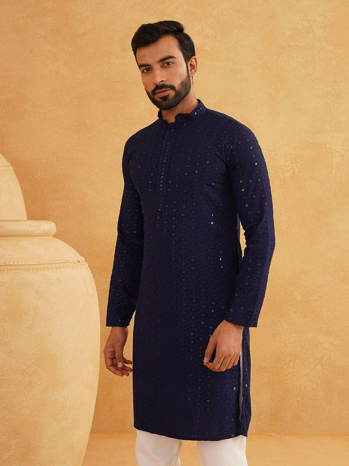 SOJANYA Ethnic Motifs Embroidered Sequinned Long Sleeves Straight Cotton Kurta