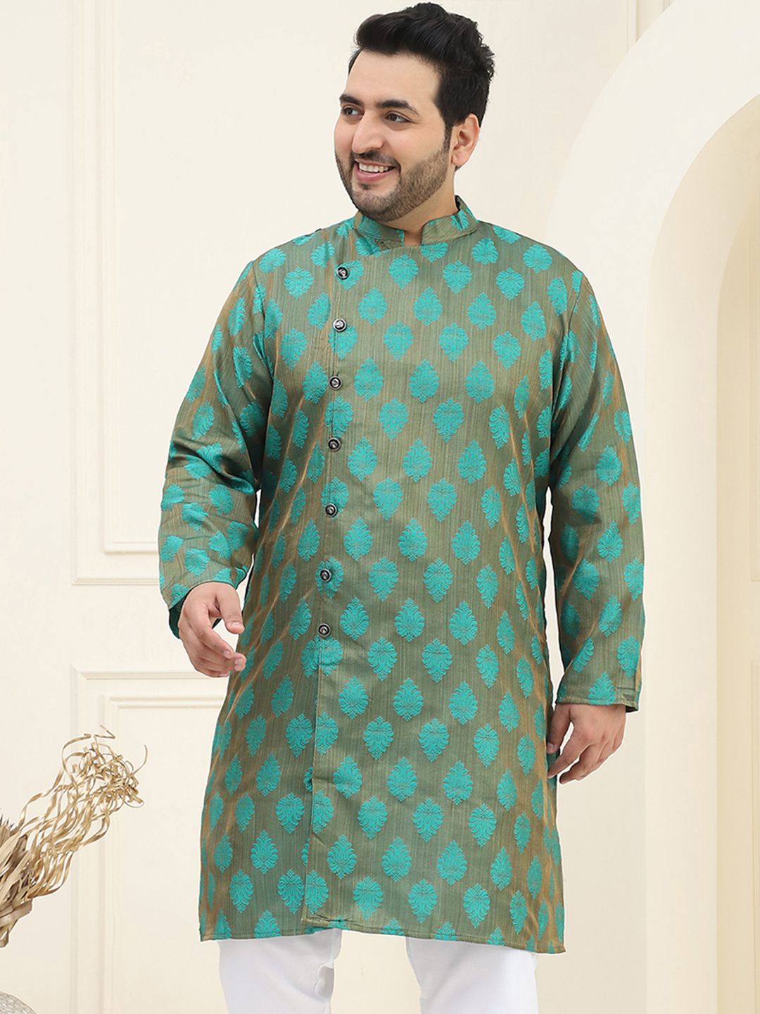 SOJANYA PLUS Size Men Green & Copper Woven Design Indie Prints Jacquard Kurta