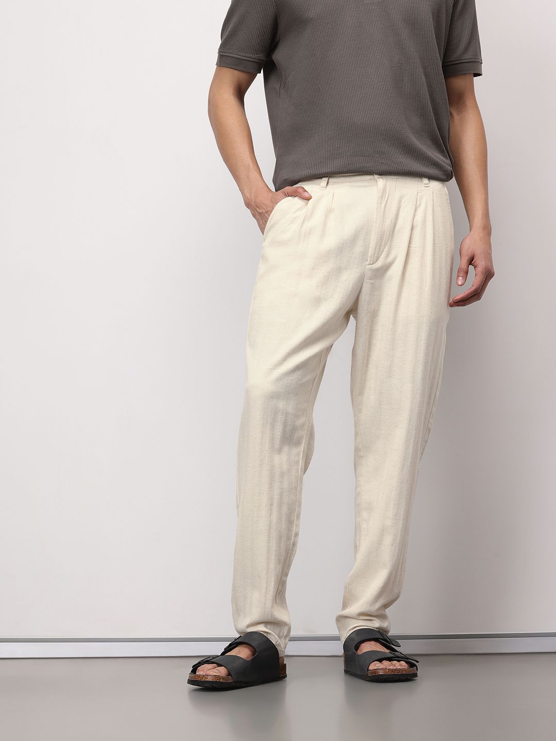 ether Kora Men Cotton Linen Pleated Chinos Trousers
