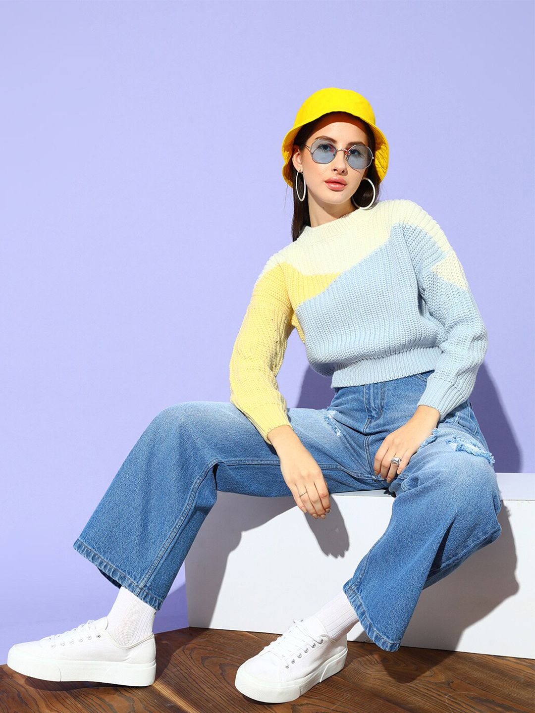 STREET 9 Women Blue & Yellow Colourblocked Pullover